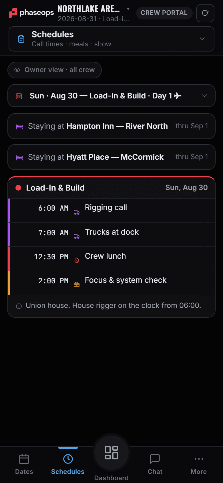 Crew portal on a phone: the load-in day sheet with rigging call, trucks at dock, crew lunch and focus, plus the two hotels