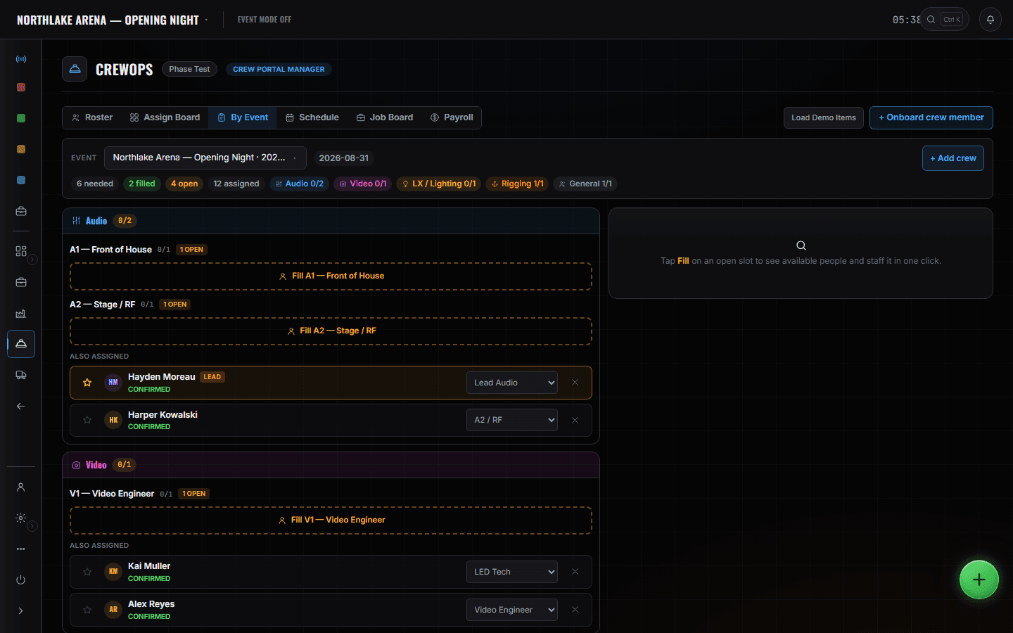 CrewOps By Event: six needed, two filled, four open, with A1 and A2 positions showing Fill buttons and confirmed crew assigned underneath