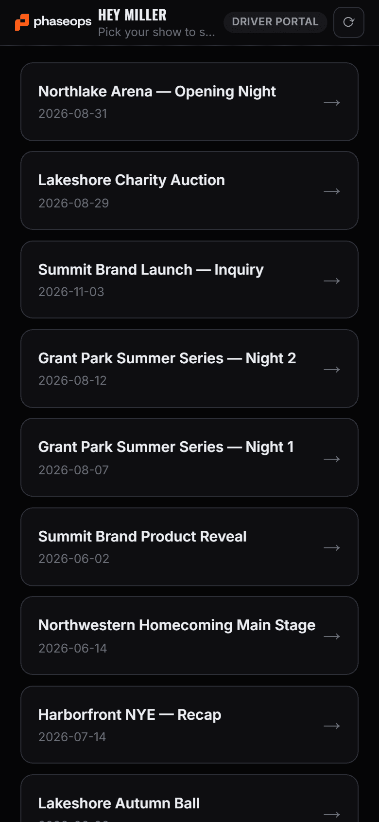 Driver portal on a phone: the show picker listing Northlake Arena, Lakeshore Charity Auction and other shows with their dates