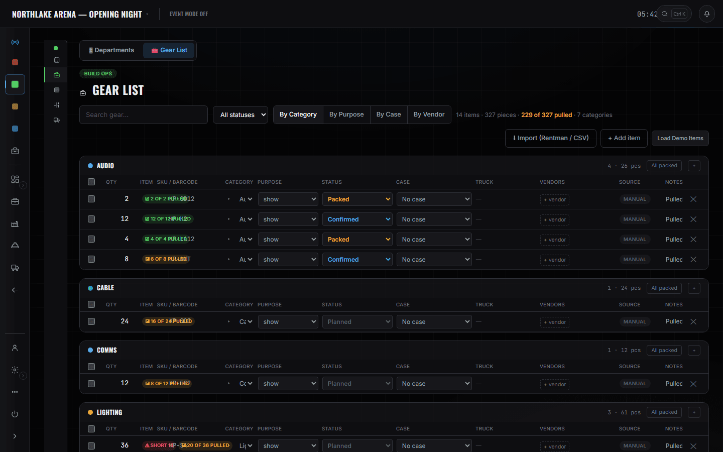 Event gear list grouped by category — 14 items, 327 pieces, 229 pulled — with per-line status, case and vendor columns