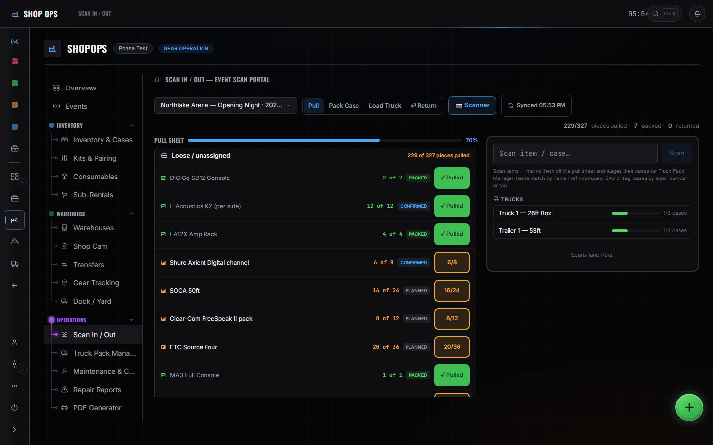 ShopOps Scan In / Out: the pull sheet at 70 percent with per-line pulled counts and statuses, a scan station on the right and per-truck case counters