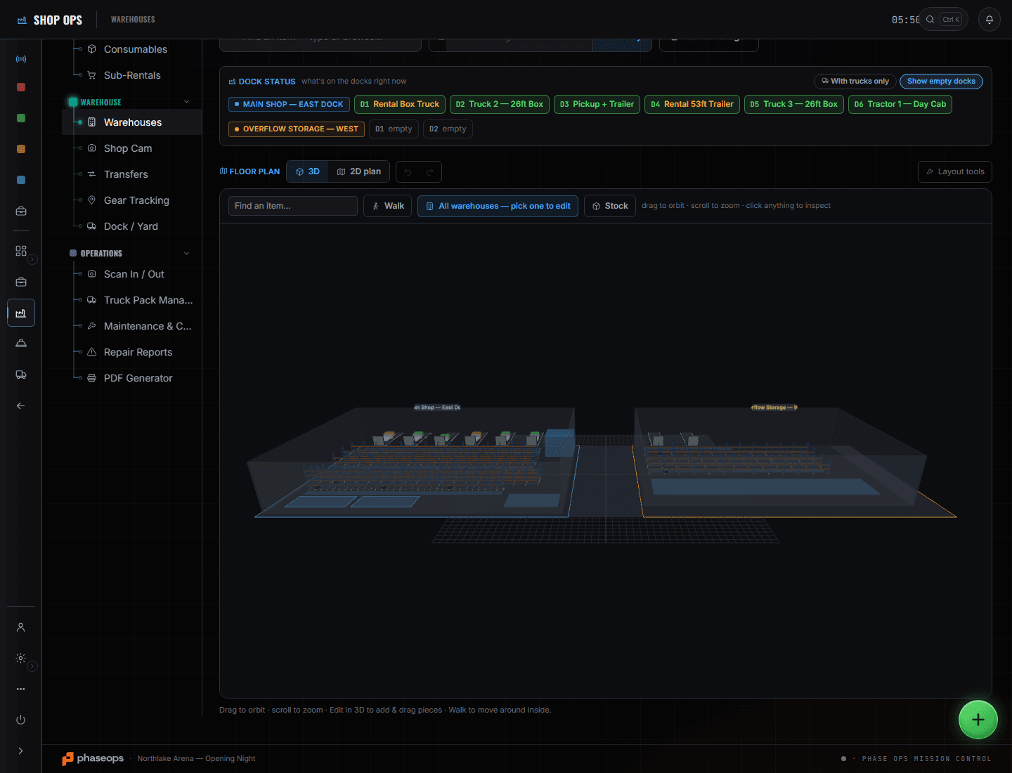 ShopOps Warehouses: the 3D floor plan of two warehouse sites with racks and dock doors, above the dock status strip showing which trucks are on which doors
