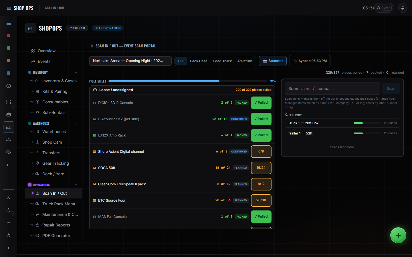 Shop Ops Scan In / Out: the event scan portal with the pull sheet at 70 percent, the scan station and truck case counters